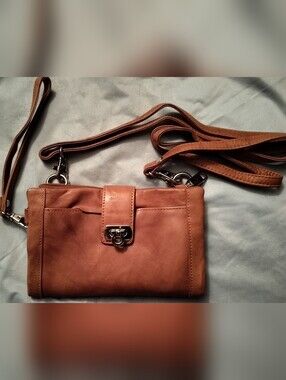 Tan Leather Crossbody Or Wristlet Wallet with Flip Up Closure